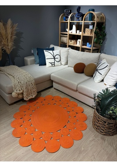 Mavaux Turuncu Hasır Jüt Çiçek Desenli Kilim Halı Turuncu