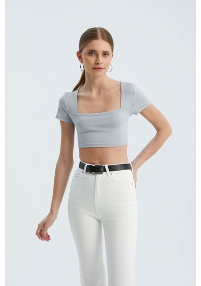 Hiccup Kare Yaka Temel Crop Top Açık Gri
