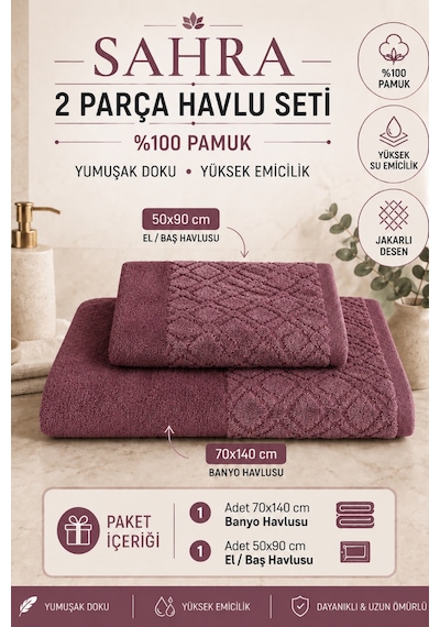 Sahra 2'li Banyo Havlu Seti Havlu Banyo Havlusu I Hamam Seti I Çeyiz Havlusu 70 X 140 Cm - 50 X 90 Cm Mürdüm
