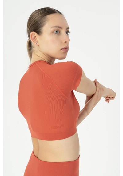 Maraton Slimfit Kadın Bisiklet Yaka Kiremit Crop Top Kiremit