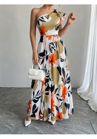 Veraura Lifestyle Kadın Tek Omuzlardan Açık Yırtmaçlı Uzun Desenli Elbise BEYAZ