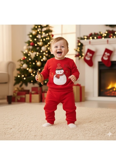Miniko Kids Bebek Yılbaşı Noel Temalı Kardan Adam Baskılı Eşofman Takımı Kırmızı