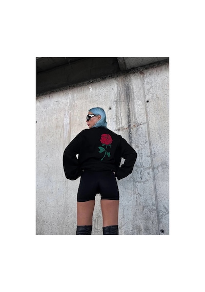 Kadın Oversize Kapüşonlu Cepli Gül Baskılı 3 İplik Pamuklu Hoodie Sweatshirt - Siyah