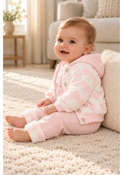 Ahengim Kız Bebek 3 Parça Takım Kapüşonlu Peluş Ceket Ayıcık Nakışlı Üst Ve Pantolon Ak2482 Pembe