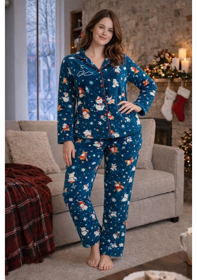 Nisanca Kışlık Yılbaşı Desenli Kadın Gömlek Polar Pijama Takımı- Geyikli Yılbaşı Pijaması- Büyük Beden Pijama Yesil