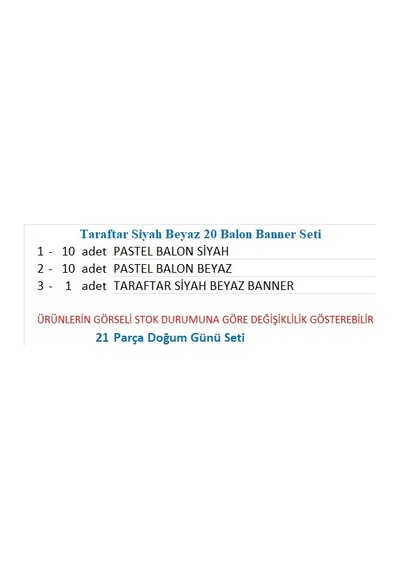 Taraftar Siyah Beyaz 20 Balon Banner Seti