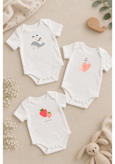Luppinos Love You Mom 3lü %100 Pamuk Dijital Baskılı Bebek Body Set 2 Beyaz - Pembe
