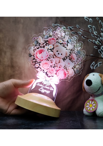 Tatlı Bir Sürpriz Ayıcık Buketi Işıklı Çiçek Buketi Led Lamba Sevgiliye Pembe Güllü Solmayan Çiçek Hediyesi