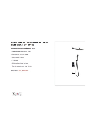 Newarc Aqua Siyah Ankastre Banyo Bataryası Set 941111sb Siyah