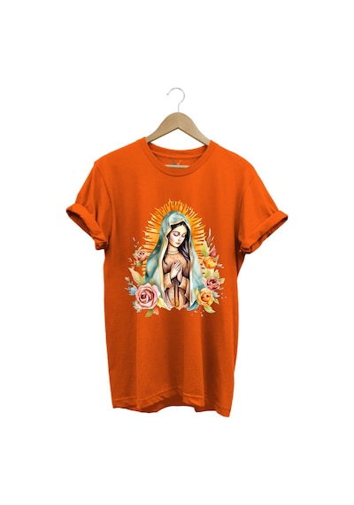 Renkli Meryem Ana Baskılı %100 Pamuk Regular Fit Bisiklet Yaka Turuncu T-shirt Turuncu