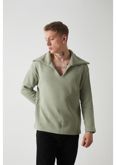 R-5850 Yaka Detaylı Örme Sweat Çağla Yeşili