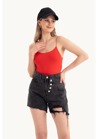 Hiccup Askılı Crop Basic Kısa Bluz Kırmızı