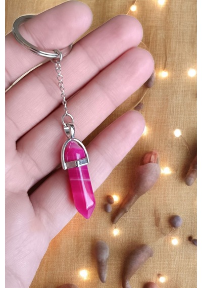 Pembe Akik Taşı Çivi Kesim Anahtarlık Orijnal Doğal Gerçek Taş Çelik Zincir Anahtarlık Doğal Taş