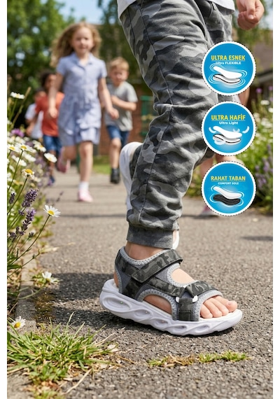 Cool Sage F Siyah Unisex Cırtlı Işıklı Çocuk Sandalet