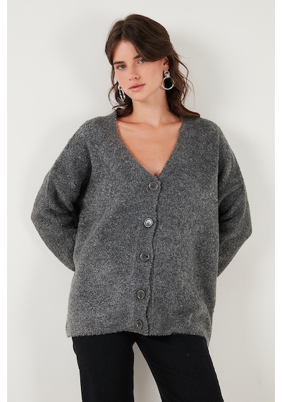 Lela Oversize Fit Düğmeli V Yaka Uzun Kollu Triko Bayan Hırka 4616232 Antrasit