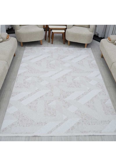 Modern Geometrik Desenli Kaymaz Jel Taban Halı Ve Yolluk Krem