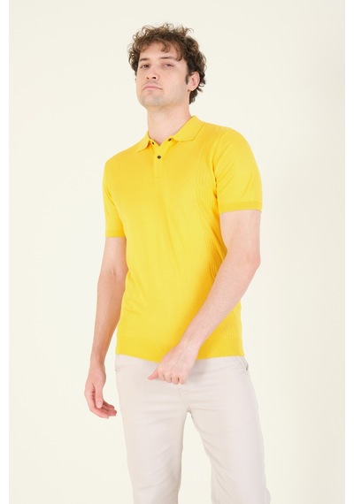 Giyim Dünyası Erkek Yanları Desenli Polo Yaka Merserize T-shirt Sarı 001