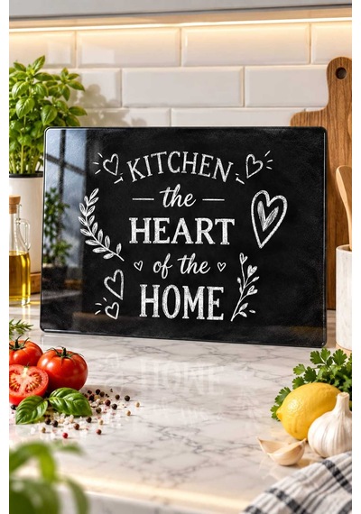 Gökçeoğlu Cam Kesme Tahtası Kitchen The Heart Of The Home Temalı Siyah- Cam Kesme Tablası 20cm X 30cm Çok Renkli