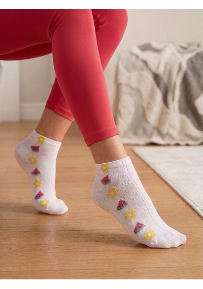 Heren Socks Heren Minimal Ve Kabartma Desenli 4'lü Ekru Pamuk Kadın Patik Çorap Meyve Çiçek Figürlü
