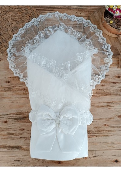 Bebek Dış Kundak Battaniyesi Dantelli Lüks Bebek Kundağı Unisex Hastane Çıkışı Mevlütlük Battaniye Ekru