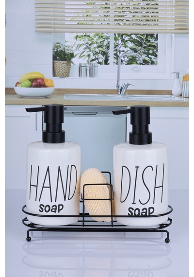 Buççin Online Mağaza 2'li 500 Ml Fenomen Metal Stantlı Süngerli Pinterest Sıvı Sabunluk Mutfak Banyo Seti Seramik Beyaz Çok Renkli