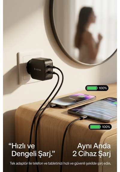 50w Çift Portlu Usb-c Girişli Akıllı Hızlı Şarj Adaptör Kablo Seti - Pd Ve Qc Destekli