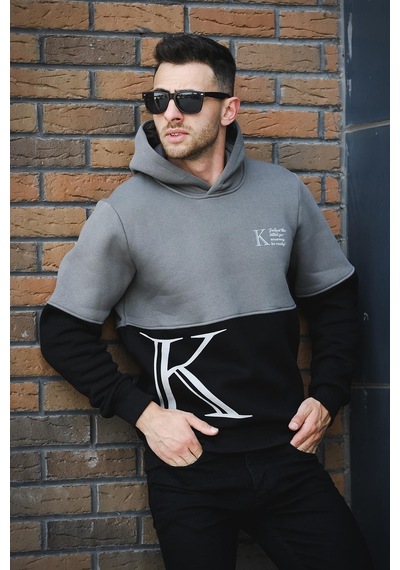 Oksit Kewin Üç İplik Şardonlu Baskılı Çift Renk Parçalı Kapüşonlu Erkek Sweatshirt 001
