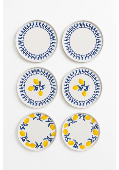 Mavi Limon 6 Lı Seramik Pasta Ve Servis Tabağı Seti Stackable 20 Cm Limon Desenli Akdeniz Sofra Takımı Beyaz