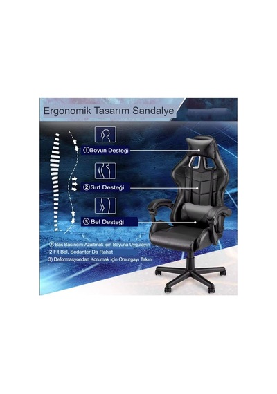 Gri Desen Oyuncu Koltuğu, Ergonomik Tasarım, Ayarlanabilir Boyun Ve Bel Yastığı, Hareketli Kolçak Diğer