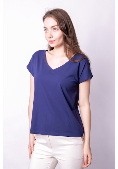 Likralı Şık Span Kumaş Ön Arka V Yaka Düşük Omuzlu Bluz-indigo İndigo