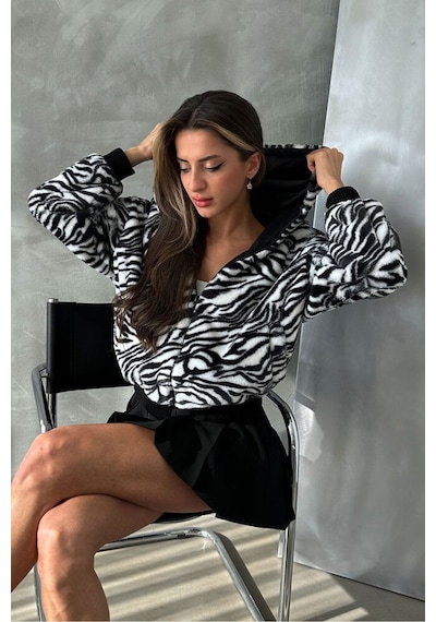 Verymoda Leopar Baskılı Peluş Mont F1650 Siyah Zebra