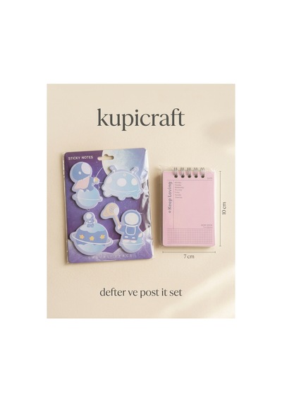 Çizgili Pembe Mini Defter Ve Uzay Temalı Post İt Seti Pembe - 942412214 Pembe