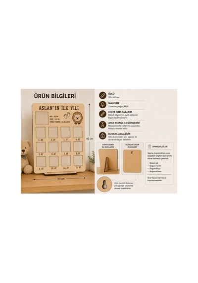 Arliadesign Kişiye Özel İlk Yılım Ahşap Fotoğraf Çerçevesi - 12 Aylık Bebek Anı Panosu 3 Mm Mdf