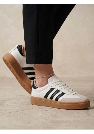 Potinonline 3020 Kadın Hakiki Deri Sneaker Ayakkabı Beyaz - Siyah