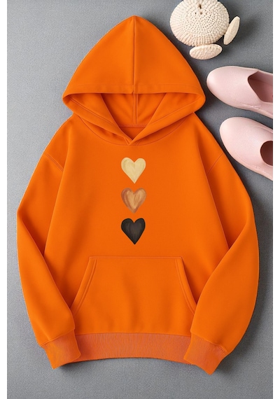 Uyguntarz Unisex Sirali Kalp Baskılı Oversize Sweatshirt Turuncu