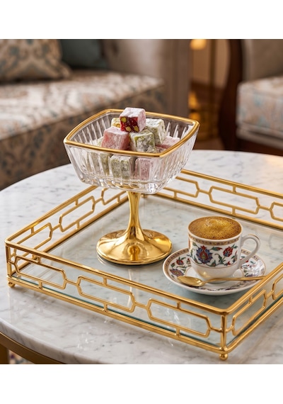 Hürrem Gold Ayaklı Kehribar Cam Lokumluk & Sunumluk Altın