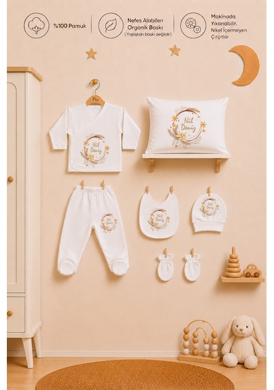 Pia Baby Hastane Çıkışı Kız Bebek 7 Parça Zıbın Seti %100 Pamuk İsme Özel 1093zyb3x Ekru