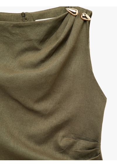 Koton Keten Karışımlı Slim Fit Drapeli Yuvarlak Yaka Metal Aksesuarlı Kolsuz Mini Elbise Haki 6sak80191pw