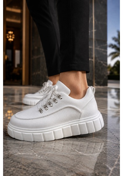 Mevese Duolc Bağcıklı Cilt Erkek Günlük Rahat Taban Sneaker Ayakkabı - Beyaz