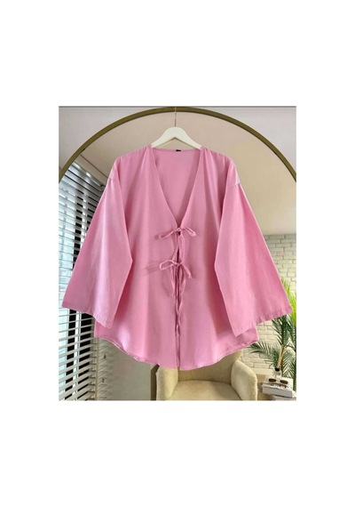 Unika Butik Önü Bağlamalı Kimono Tunik Pembe Oversize Yeni Sezon Rahat Kalıp