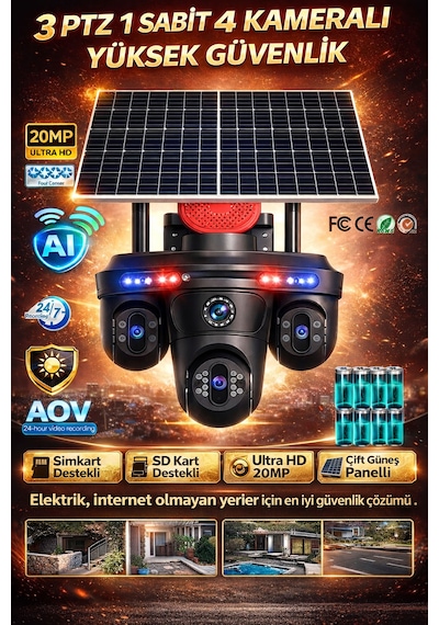 Provzen Fx-6015 4 Kameralı 3 Ptz + 1 Sabit 20mp 4g Sım Kartlı Güneş Enerjili Akıllı Güvenlik Kamerası Full Color Gece Görüş + Aov Kayıt