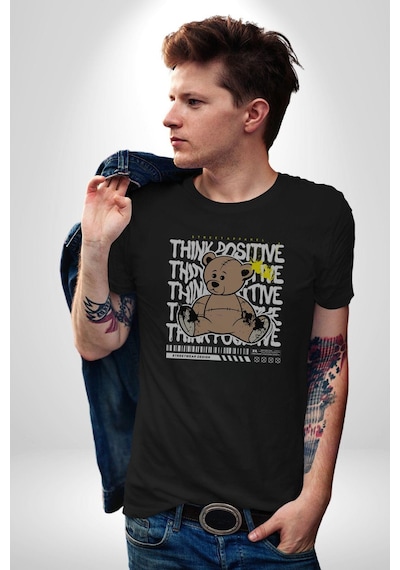 Positive Düşünce Unisex Unisex Siyah Organik Baskılı T-shirt Penye Yüksek Kalite Siyah