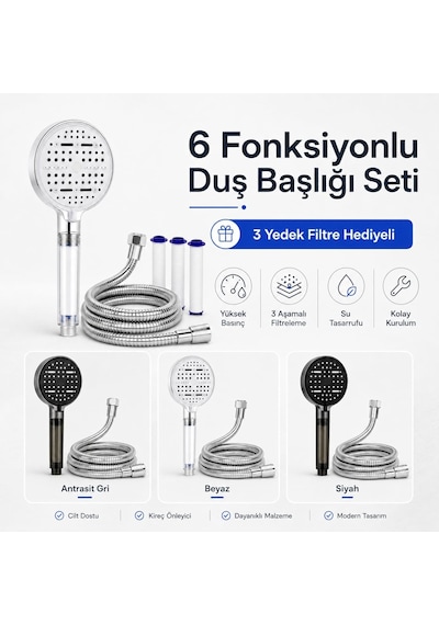 Sogud Duş Başlığı Seti Beyaz - 150 Cm Hortumlu Filtreli Arıtmalı El Duşu - 6 Fonksiyonlu Yüksek