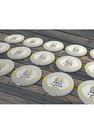 Erkek Çocuk Sarı Fil Konsept, Cemiyetleriniz İçin 3cm - 100 Adet Opak Sticker Renkli