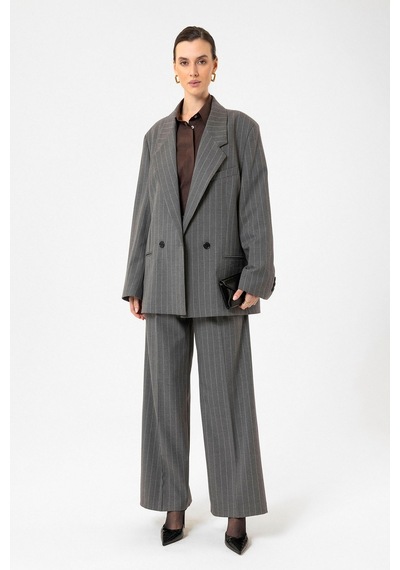Antioch Kadın Çizgili Oversize Blazer Ceket Gri