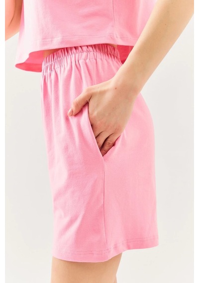 Rahat %100 Pamuklu Penye Beli Lastikli Bel Cepli Kısa Trendy Kadın Şort Pembe
