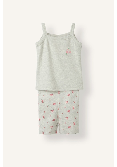 Defacto Çiçek Nakışlı Fitilli Kaşkorse Askılı Üst Şortlu 2li Pijama Takımı Kız Bebek I0403a526hsgr28 Gri-gr28