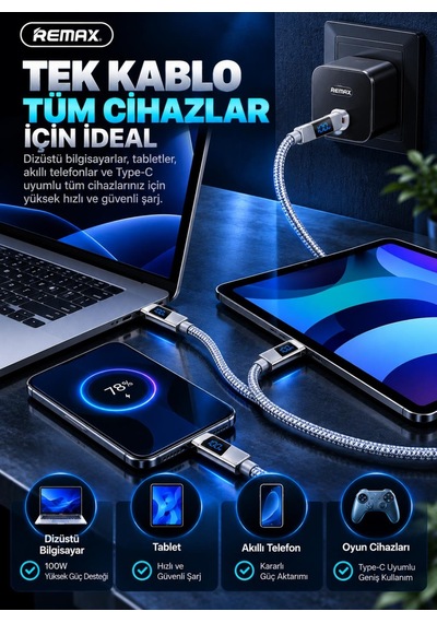 Remax Cb02-cc 100w Dijital Ekranlı Hızlı Şarj Ve Data Kablosu Type-c To Type-c 1.2 Metre Gri