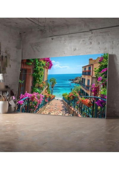 Kanvas Tablo Denize Huzura Açılan Pembe Çiçekli Merdivenler Dekoratif Kanvas Tablo 30 X 40
