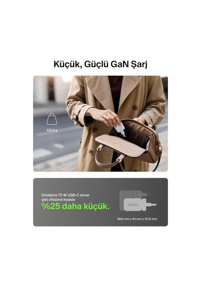 Belkin 3 Bağlantı Noktalı Usb-c Şarj Cihazı, 70 W, 2x Usb-c Ve 1x